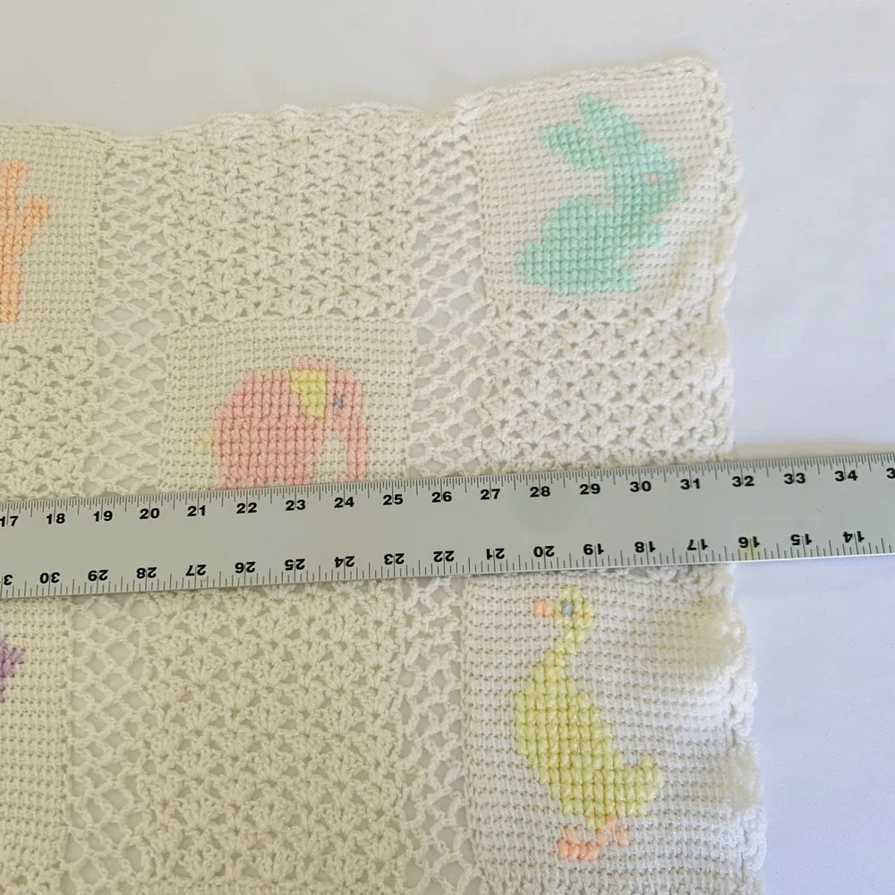 Handmade Crochet Baby‎ Blanket Cream Colorful Pastel Animals Shower Gift Nursery